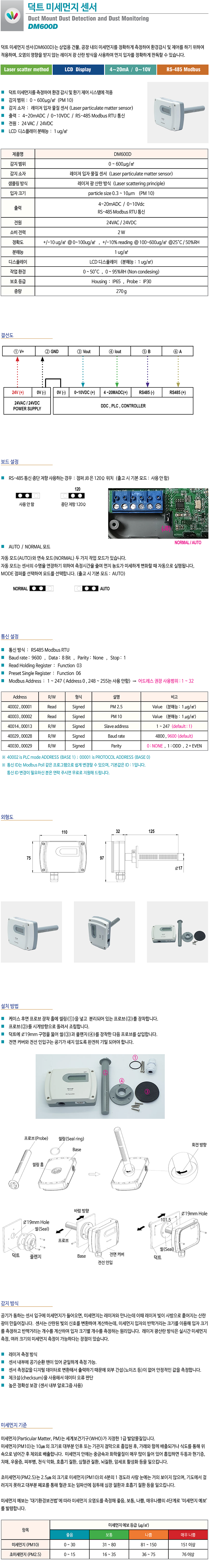 덕트 미세먼지 센서(DM600D)는 건물, 공장 내의 미세먼지를 정확하게 측정하여 환경 감시 및 제어를 하기 위하여 적용하며, 실내의 재실자 혹은 생산장비 등에 깨끗한 공기를 제공하도록 함으로써 실내의 환경을 유지하는 기기입니다. 
