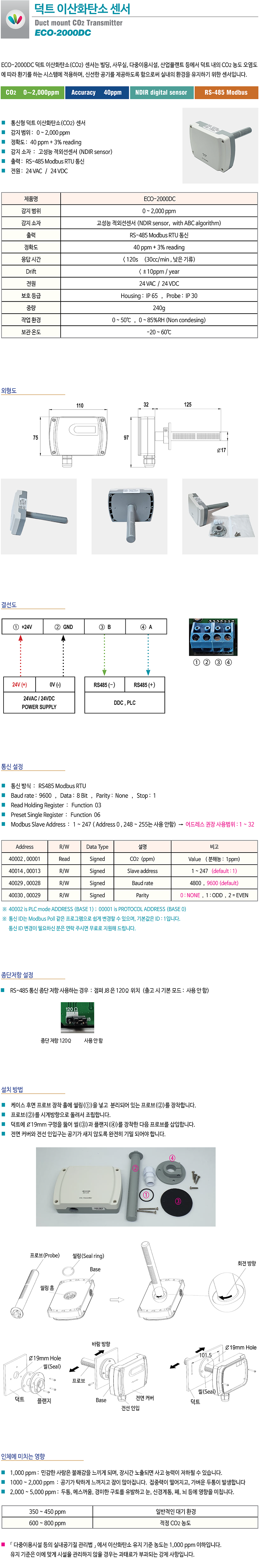 ECO-2000Dc 통신형 덕트 이산화탄소센서, 통신형 덕트 CO2센서, 통신형 이산화탄소감지기, 덕트의 이산화탄소(CO2)를 검출하여 환기를 하는 시스템에 적용
