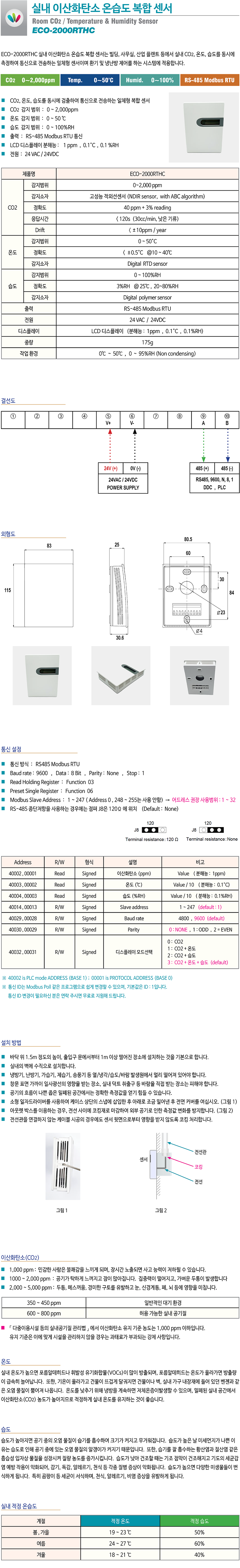 ECO-2000RTHC 실내 이산화탄소(CO2) 온습도 복합센서, CO2 온습도 일체형센서, 이산화탄소감지기, 실내공기 중의 이산화탄소(CO2), 온도, 습도를 검출하여 환기를 하는 시스템에 적용